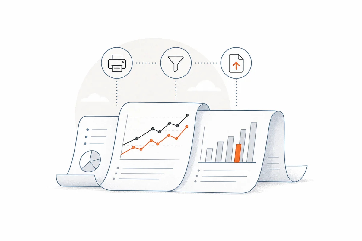 Vehicle reports with line and bar charts plus print, filter, and export controls.