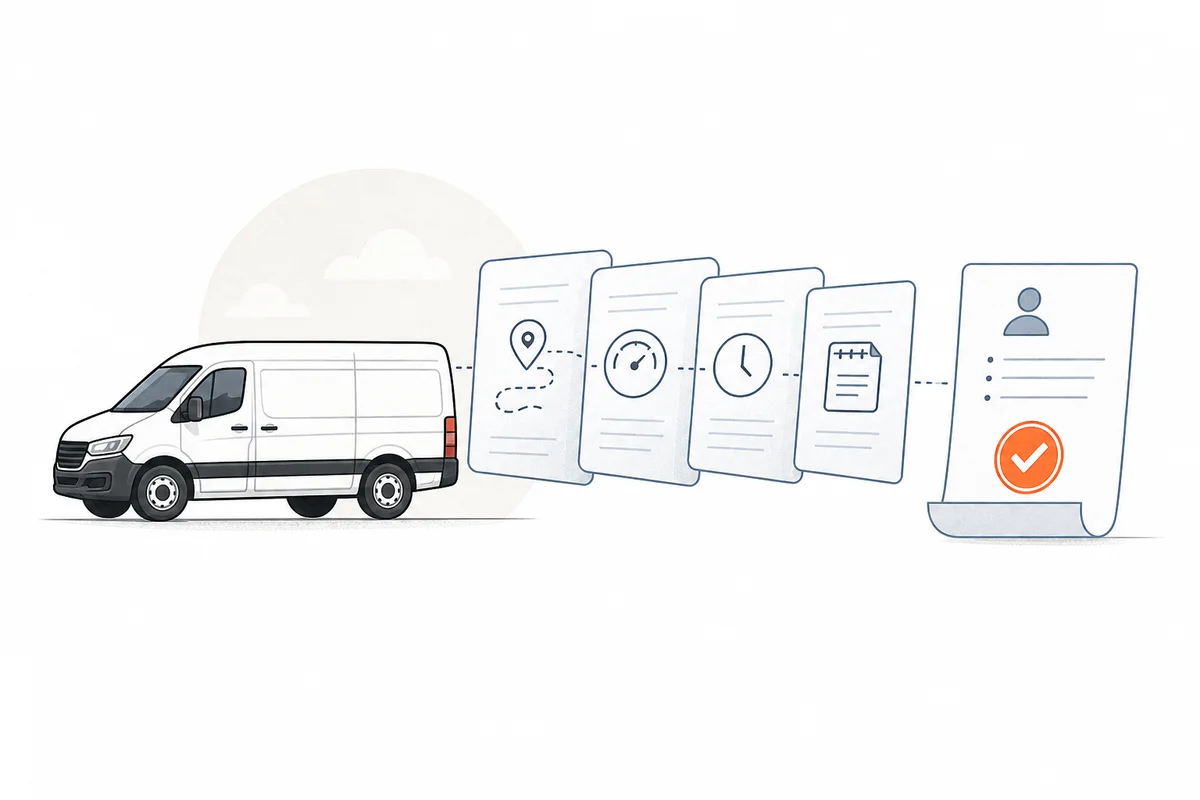 A fleet van and factual evidence records leading to a manager-confirmed decision.