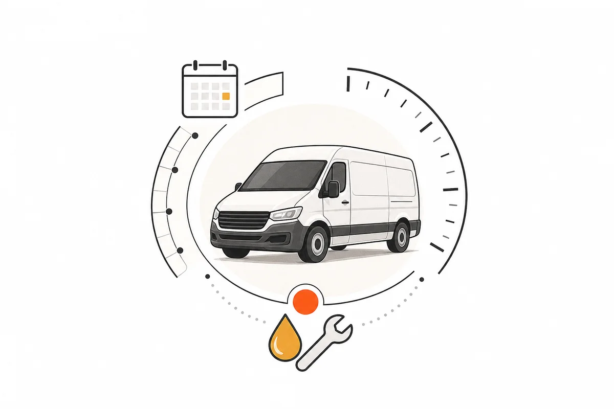 A fleet van surrounded by a calendar, mileage gauge, oil, and maintenance symbols.