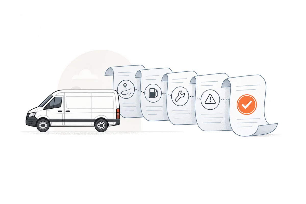 A fleet van beside connected trip, fuel, maintenance, issue, and approval records.
