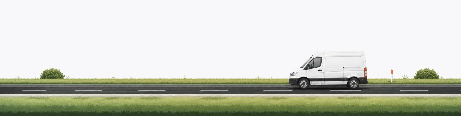 A commercial fleet vehicle travelling on a road bordered by grass.