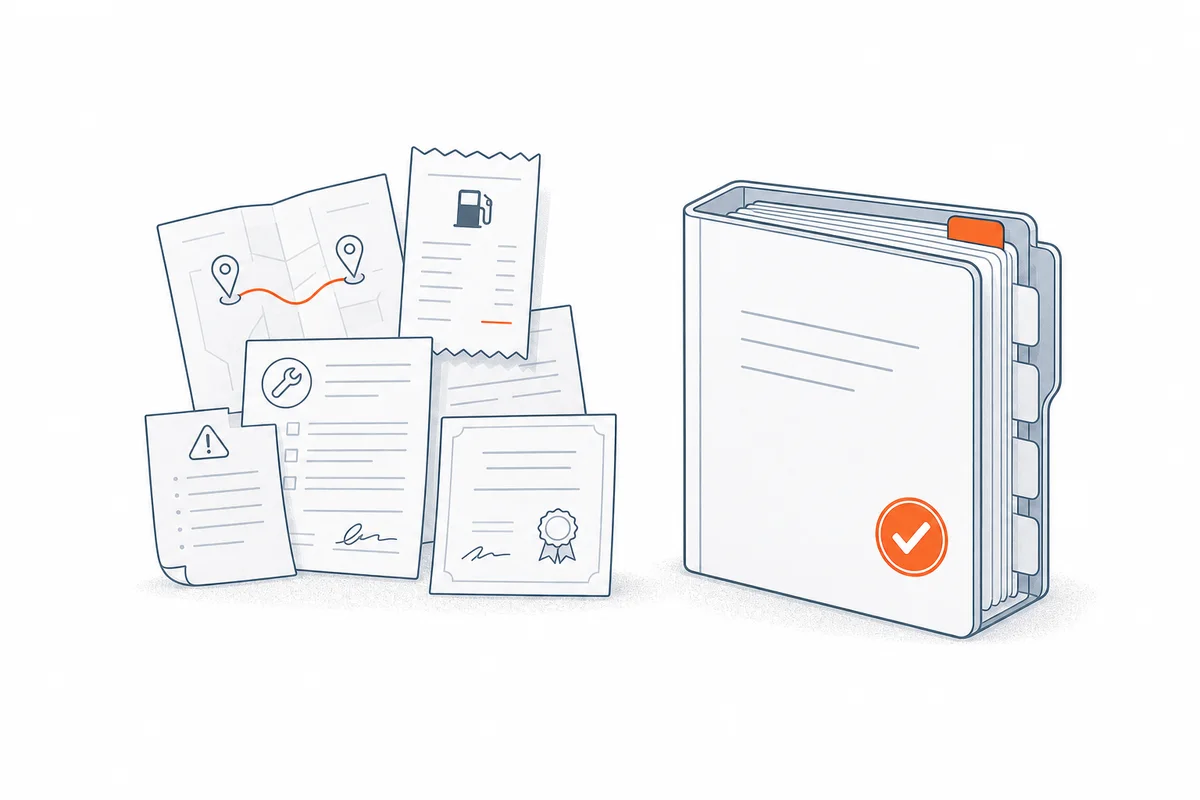 Scattered trip, fuel, maintenance, issue, and document records organized into one vehicle history file.
